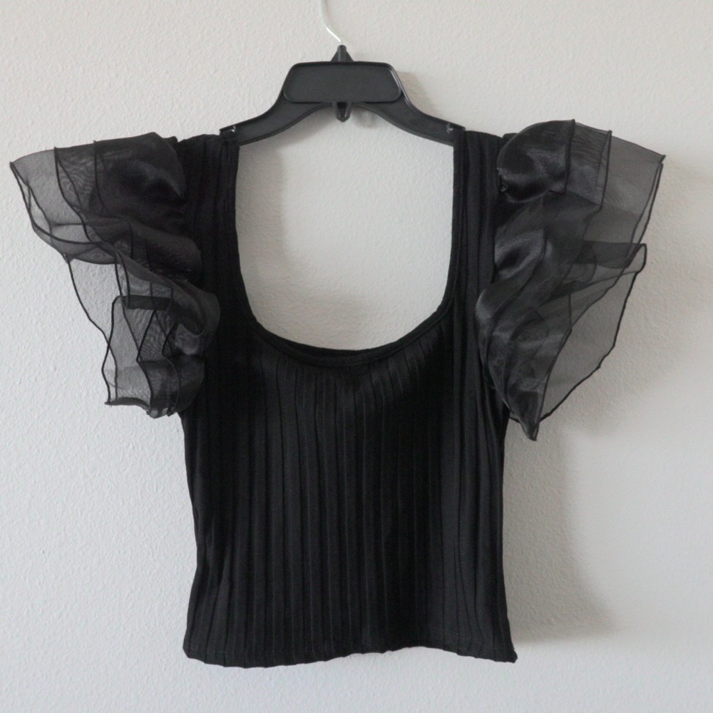 Black Ribbed Square Neck Ruffled Sleeve Cropped Tank Top